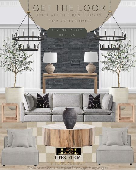 Modern farmhouse, transitional living room idea. Round wood coffee table, wood end table, grey sofa, grey arm chair, wood console table, checkered beige rug, black throw pillow, black terracotta vase, terracotta table lamp, terracotta tree planter pot, realistic fake tree, white wall panels, double wheel chandeliers, stone wall panels.

#LTKFind #LTKstyletip #LTKhome
