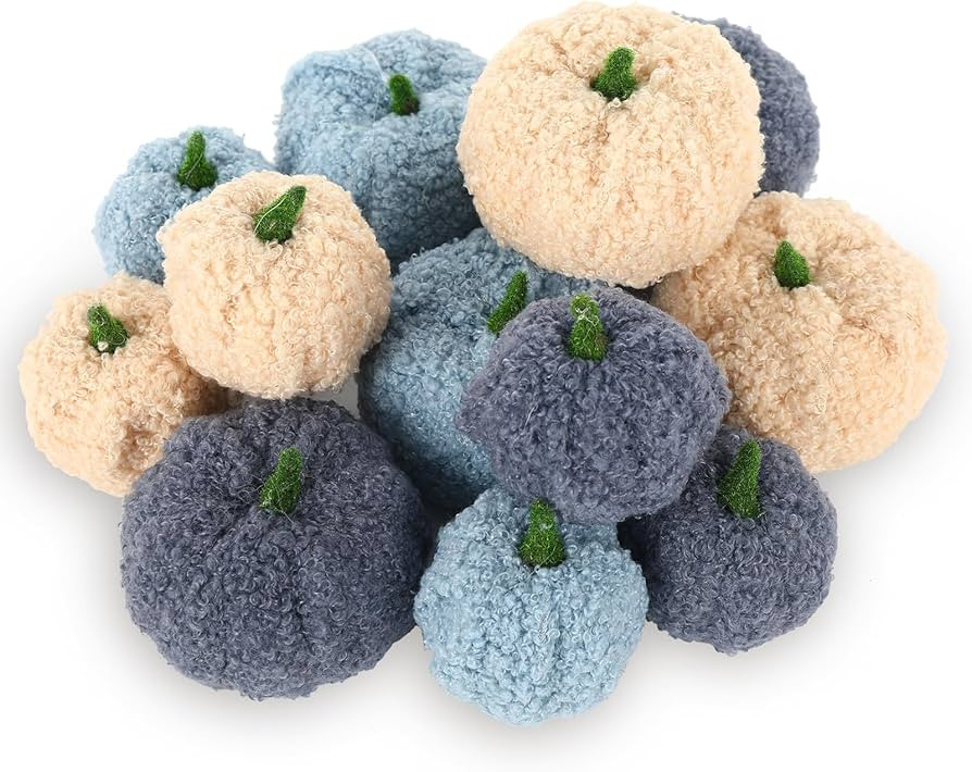 Whaline 12Pcs Assorted Faux Sherpa Pumpkins Decorative 2 Sizes Blue White Fabric Pumpkins Foam Pu... | Amazon (US)
