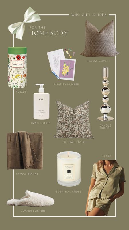 Gift guide for the homebody on your list. Pattern pillows, floral pillows, nickel candle holder, adult puzzle, hand lotion, scented candle, throw blanket, silk pj set, loafer slippers

#LTKHolidaySale #LTKSeasonal #LTKGiftGuide