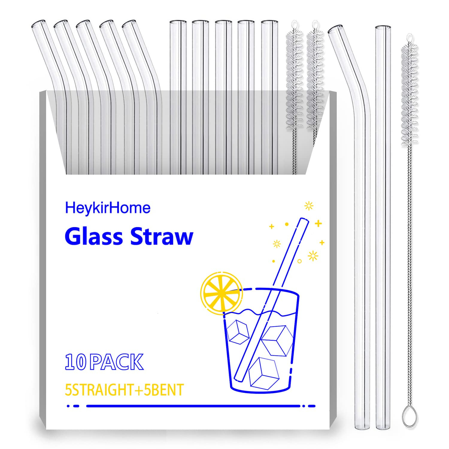 HeykirHome 10-Pack Reusable Glass Straw,Size 8.5''x10 MM,Including 5 Straight and 5 Bent with 2 C... | Amazon (US)