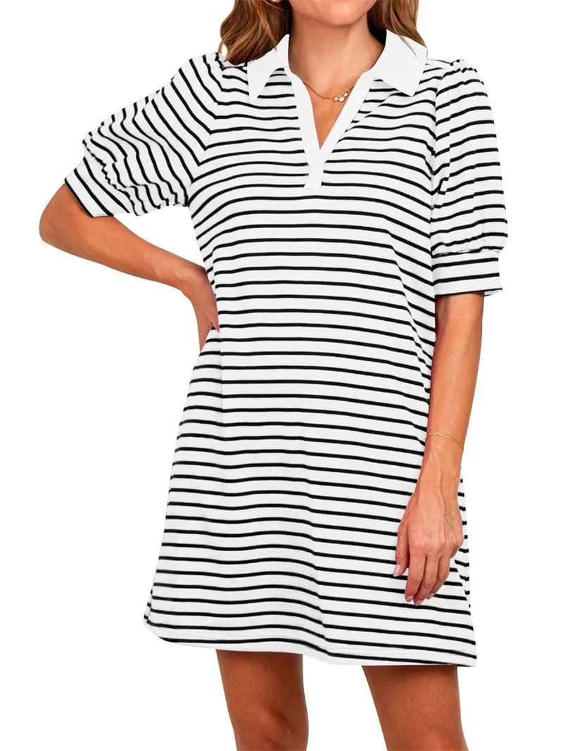 Stripe Printing Women Short Sleeve V Neck Casual Mini Shirt Dresss | Walmart (US)