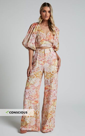 Amalie The Label - Aldina Linen Blend High Waisted Belted Straight Leg Pants in Morocco Print | Showpo (US, UK & Europe)