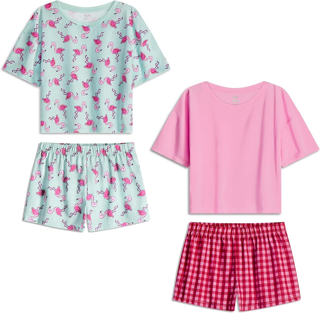 Girls Pajamas Sets- 4-Piece Cute Short Sleeve & Shorts PJ Set, Pink Girls’ Sleepwear, Kids Paja... | Amazon (US)