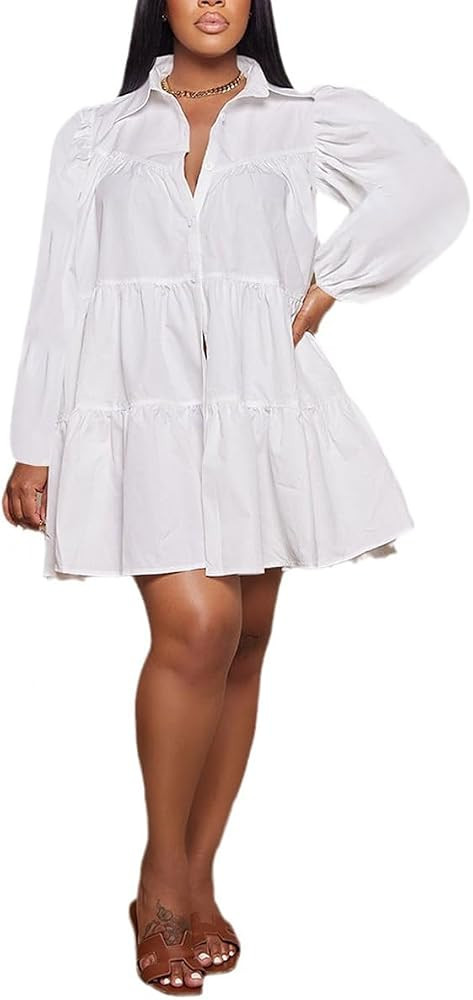 WOKANSE Womens 2024 Fall Long Puff Sleeve Dress Cute Babydoll Button Down Pleated Ruffle A Line L... | Amazon (US)