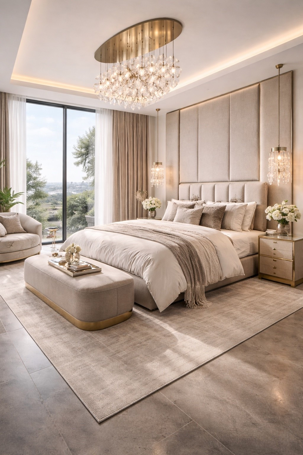 Elegant modern bedroom designed in warm neutral tones with a luxurious upholstered bed, soft layered bedding, crystal chandelier lighting, and a cozy bench at the foot of the bed. This serene interior combines minimalism with high-end comfort, creating the perfect calm and sophisticated bedroom aesthetic. Ideal inspiration for modern luxury homes, soft beige interiors, and minimalist bedroom decor.

#luxurybedroom #modernbedroom #neutralbedroom #beigedecor #minimalistinterior #luxuryinterior #modernhome #bedroomdesign #cozybedroom #interiordesign #luxuryhome #homedecor #bedroominspo #neutralinterior #modernluxury