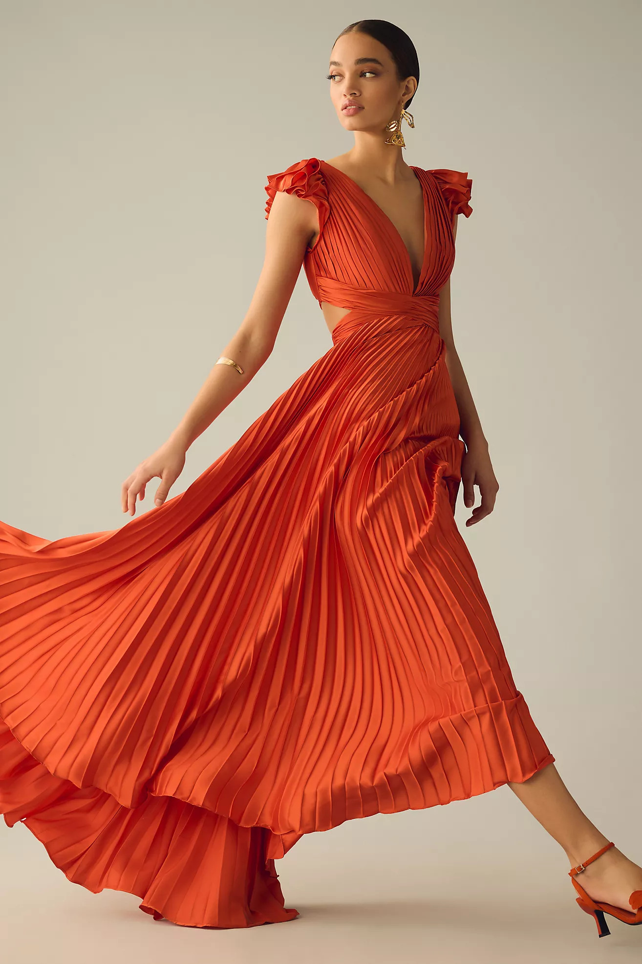 Mac Duggal Pleated Flutter-Sleeve Deep-V Lace-Up Gown | Anthropologie (US)