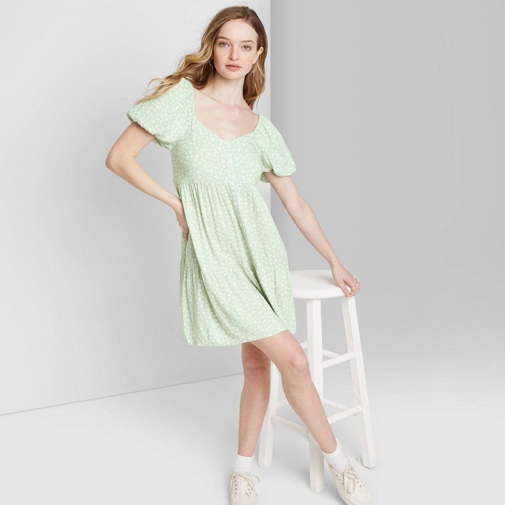 Women's Floral Print Puff Short Sleeve V-Neck Babydoll Mini Dress - Wild Fable Green S, Women's, Siz | Target