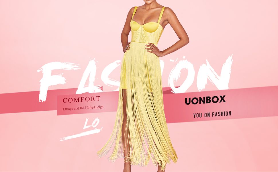 UONBOX Women's Elegnat Bustier Cut Long Maxi Tassel Fringe Cocktail Night Party Bandage Dress | Amazon (US)