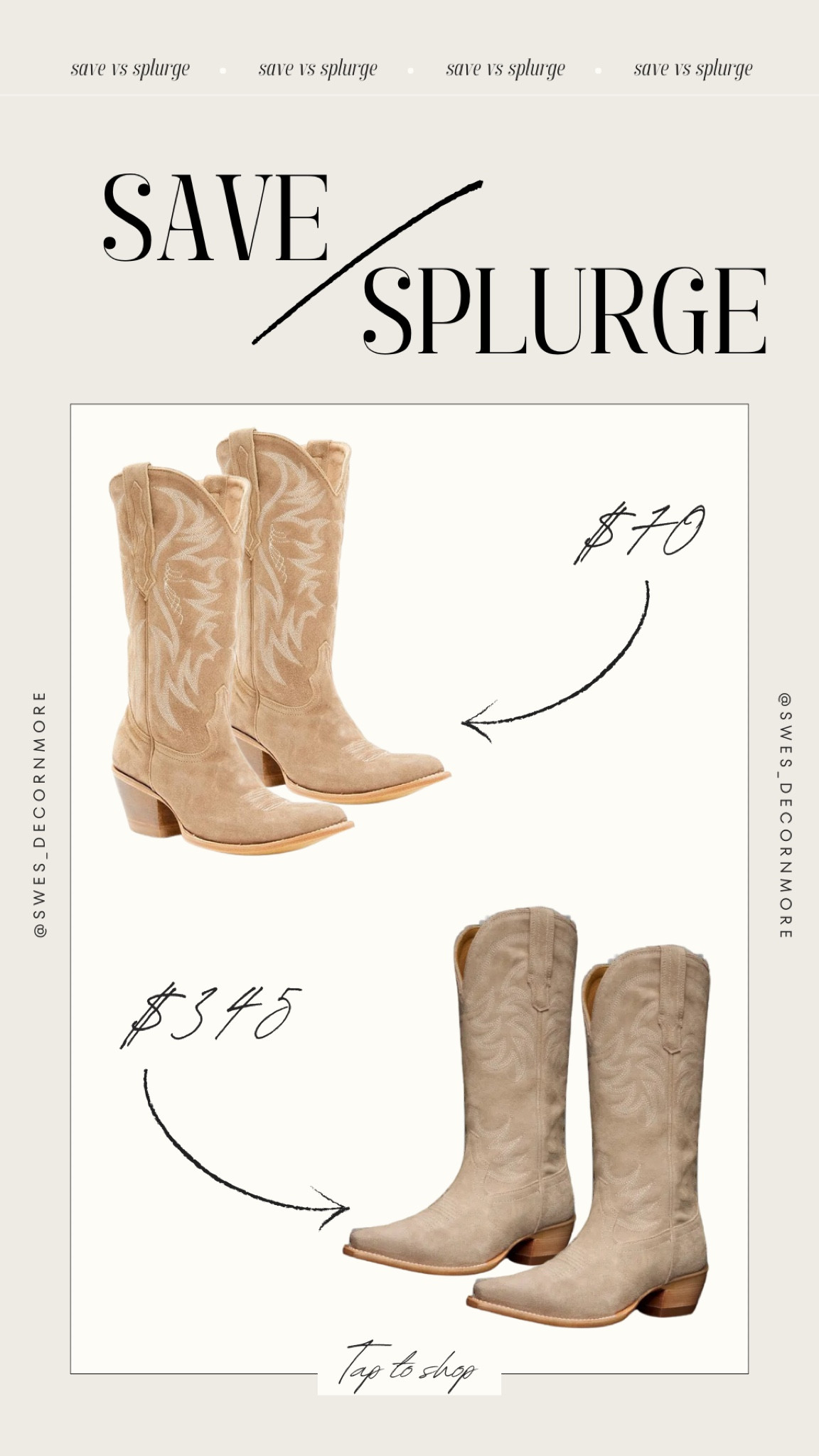 Save or Splurge! These Annie boots from Tecovas are pretty and are sure to go with all your cow girl inspired outfits! These cowgirl boots from Amazon are a really close dupe and are a lot less for someone on a budget! They both are beautiful western boots! You really can’t go wrong with either pair! 

#LTKSeasonal #LTKShoeCrush #LTKStyleTip