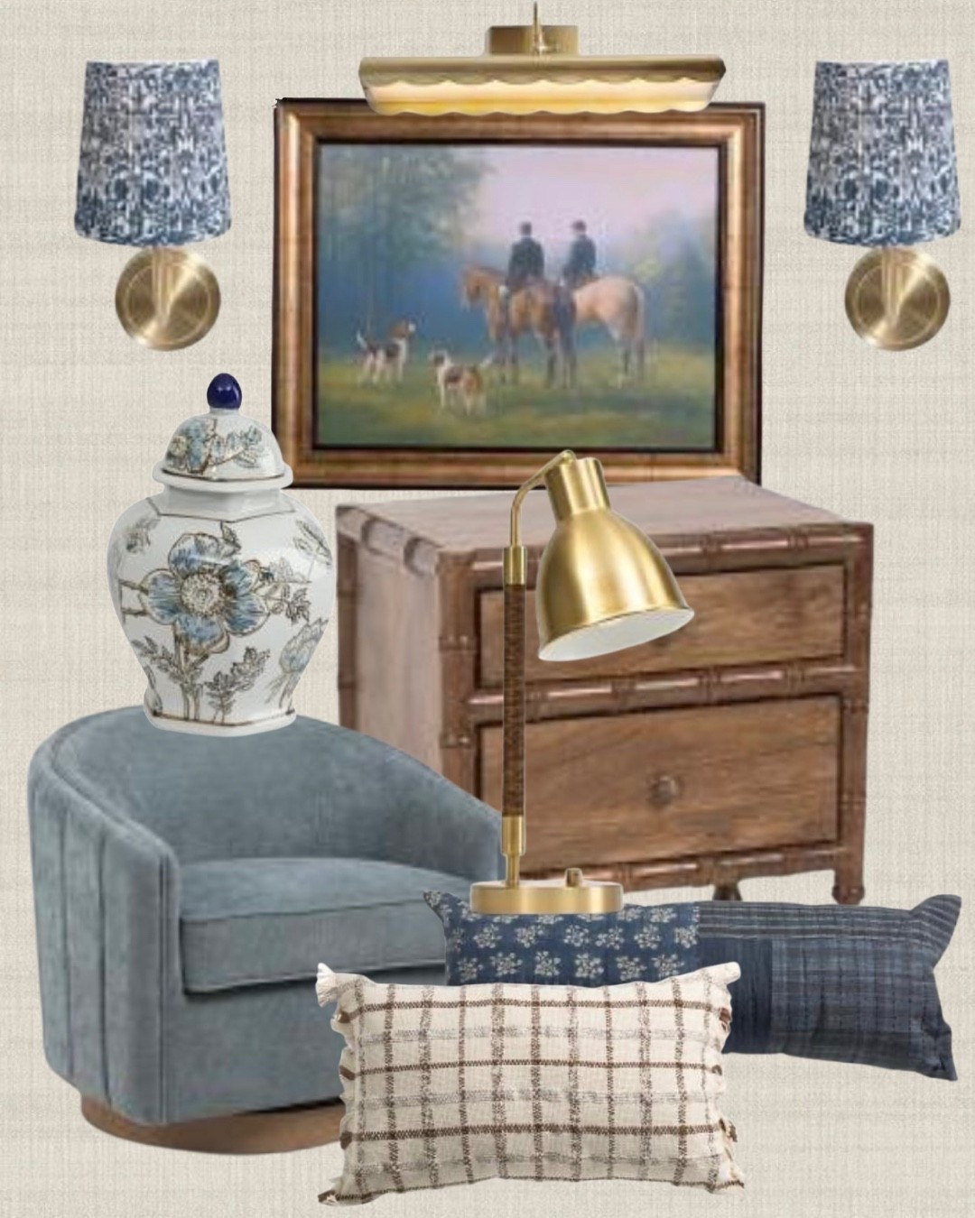 A classic collected corner 
Mixing warm woods, brass lighting, vintage-inspired art, and cozy blue textiles for that timeless English library feel. Sharing a few pieces that create this layered look.

#LTKHome