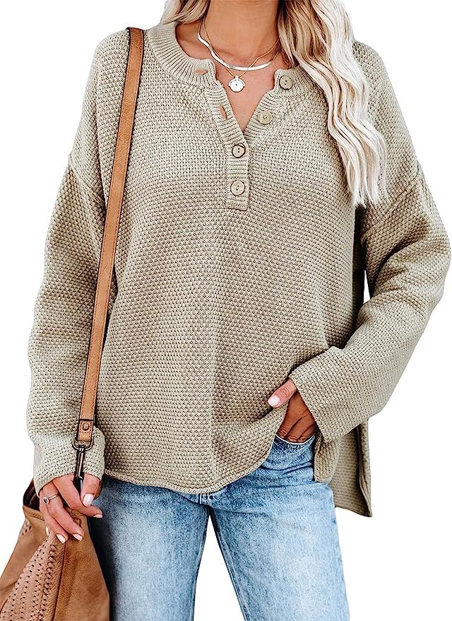 Dokotoo Womens Button V Neck Sweaters Long Sleeve Cable Knit Pullover Sweater Tops | Amazon (US)