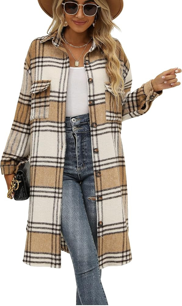FindThy Women’s Long Plaid Shacket Wool Blend Button Down Shirt Jacket Coat with Pockets | Amazon (US)