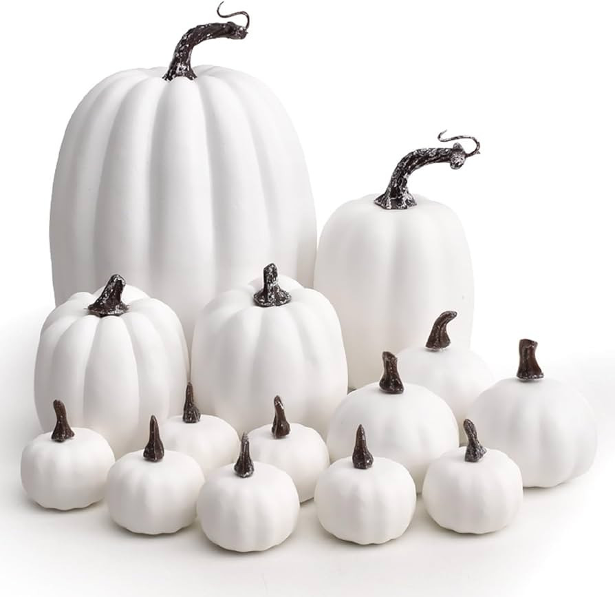 WESAPPINC Artificial Pumpkins,14PCS White Fake Pumpkins Assorted Pumpkins Large Faux Harvest Pump... | Amazon (US)