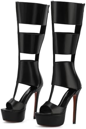 FancyQueen Platform Knee High Sandals for Women, Gladiator Open Toe Summer Booties Black Heels Sa... | Amazon (US)