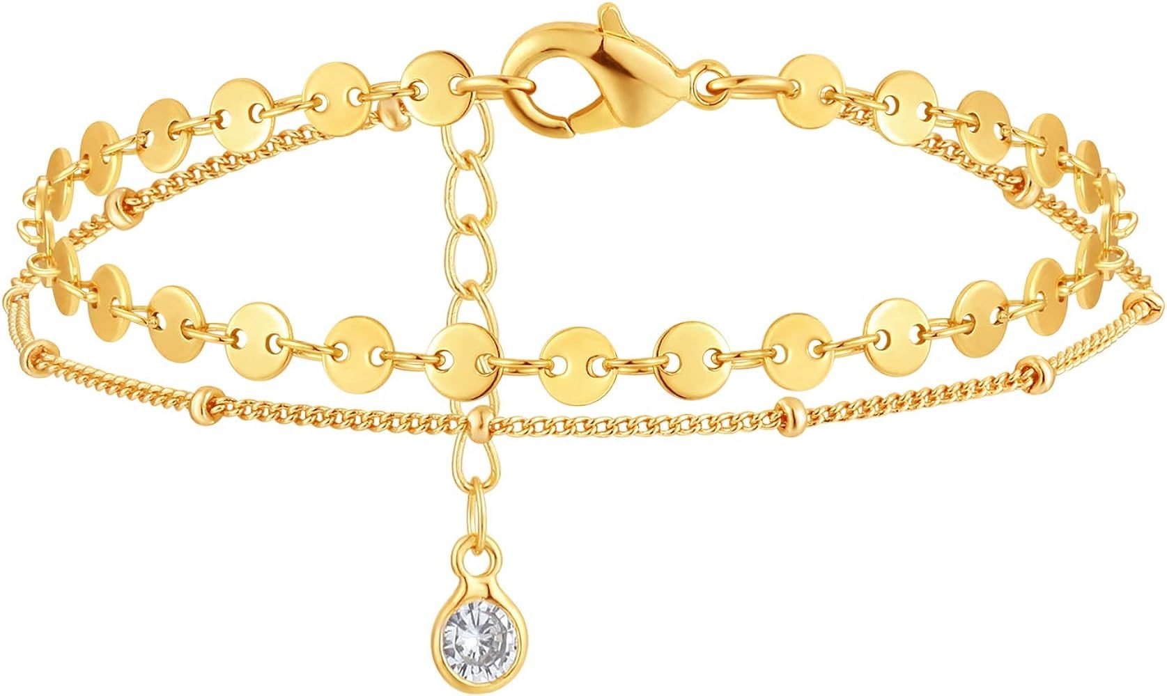 DREMMY STUDIOS Gold Tiny Chain Bracelet 18K Gold Filled Dainty Charm Evil Eye Turquoise Pearl Cut... | Amazon (US)