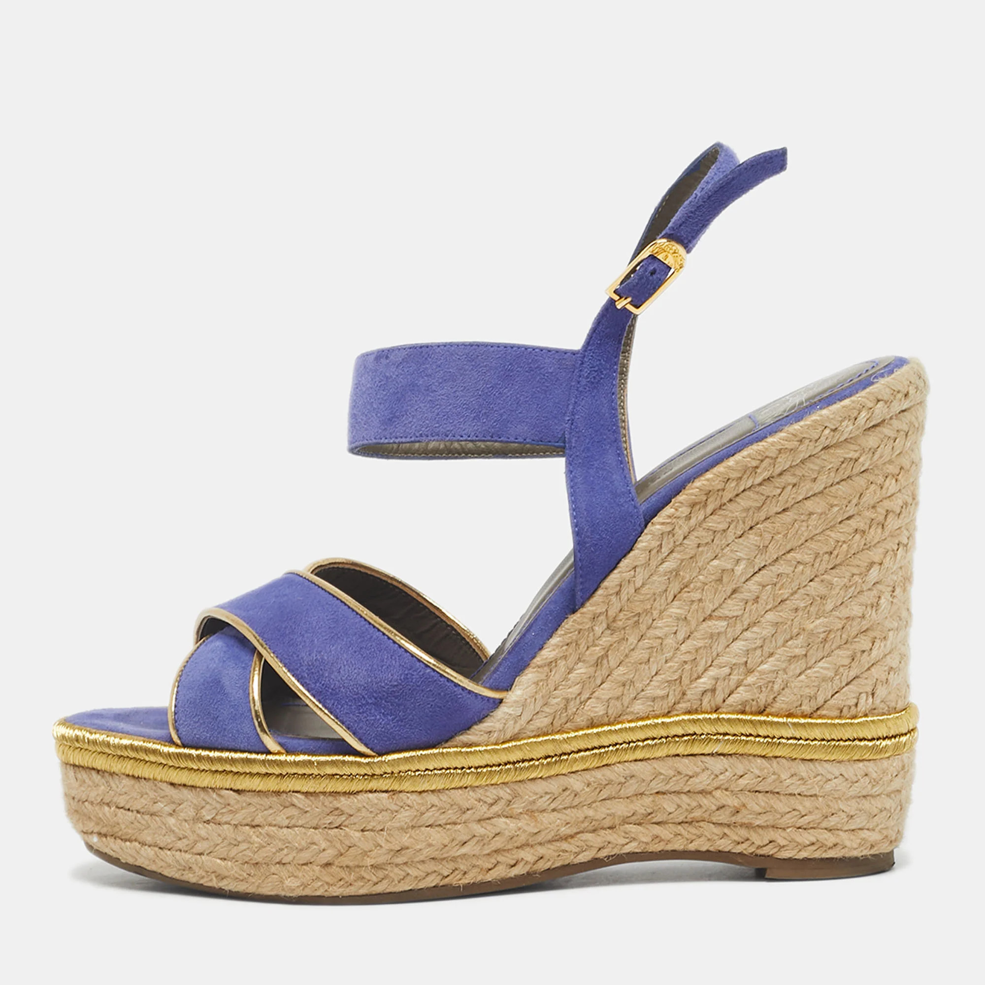 Versace Blue Suede Espadrille Strappy Wedge Sandals | Shop Simon