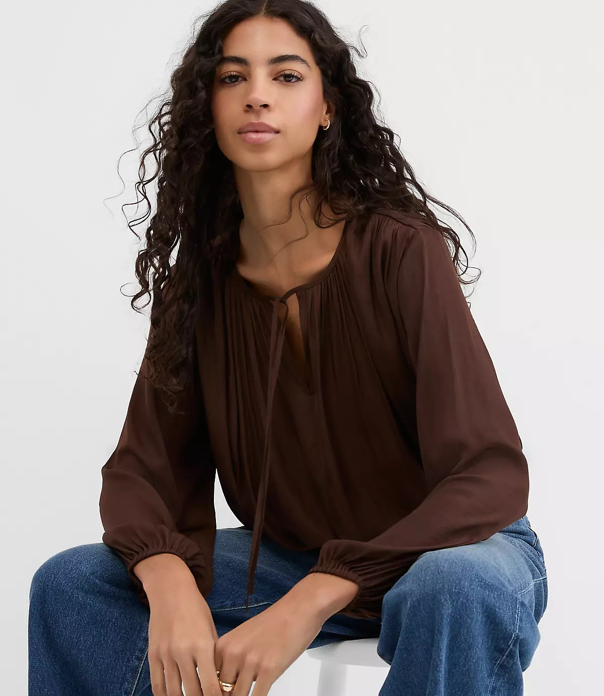 Shirred Tie Neck Bubble Blouse | LOFT
