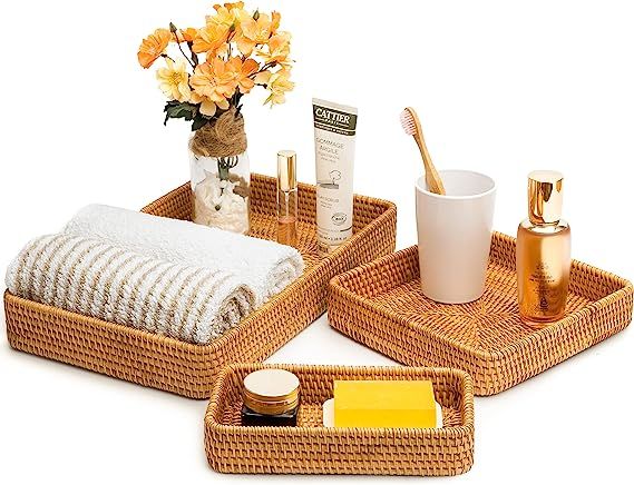 Wicker Baskets Trays Rattan Serving Tray Rectangle Vanity Basket Set of 3 for Bathroom Woven Stor... | Amazon (US)