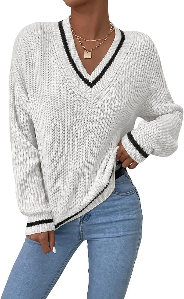 SHENHE Women's V Neck Ribbed Knit Long Sleeve Drop Shoulder Pullover Sweater Tops | Amazon (US)