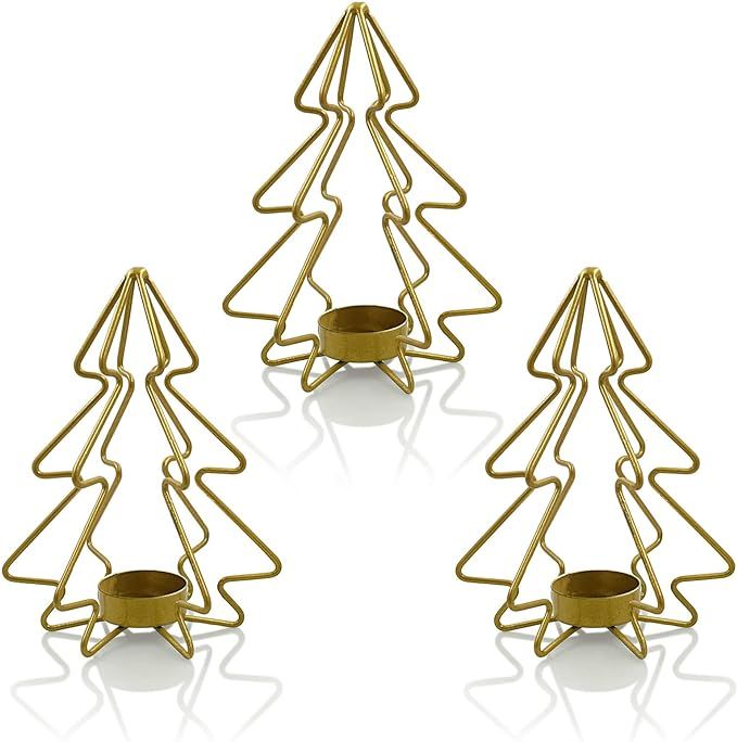 SHMILMH Gold Candle Holders Set of 3, Metal Christmas Tree Tealight Candle Holders for Table Cent... | Amazon (US)