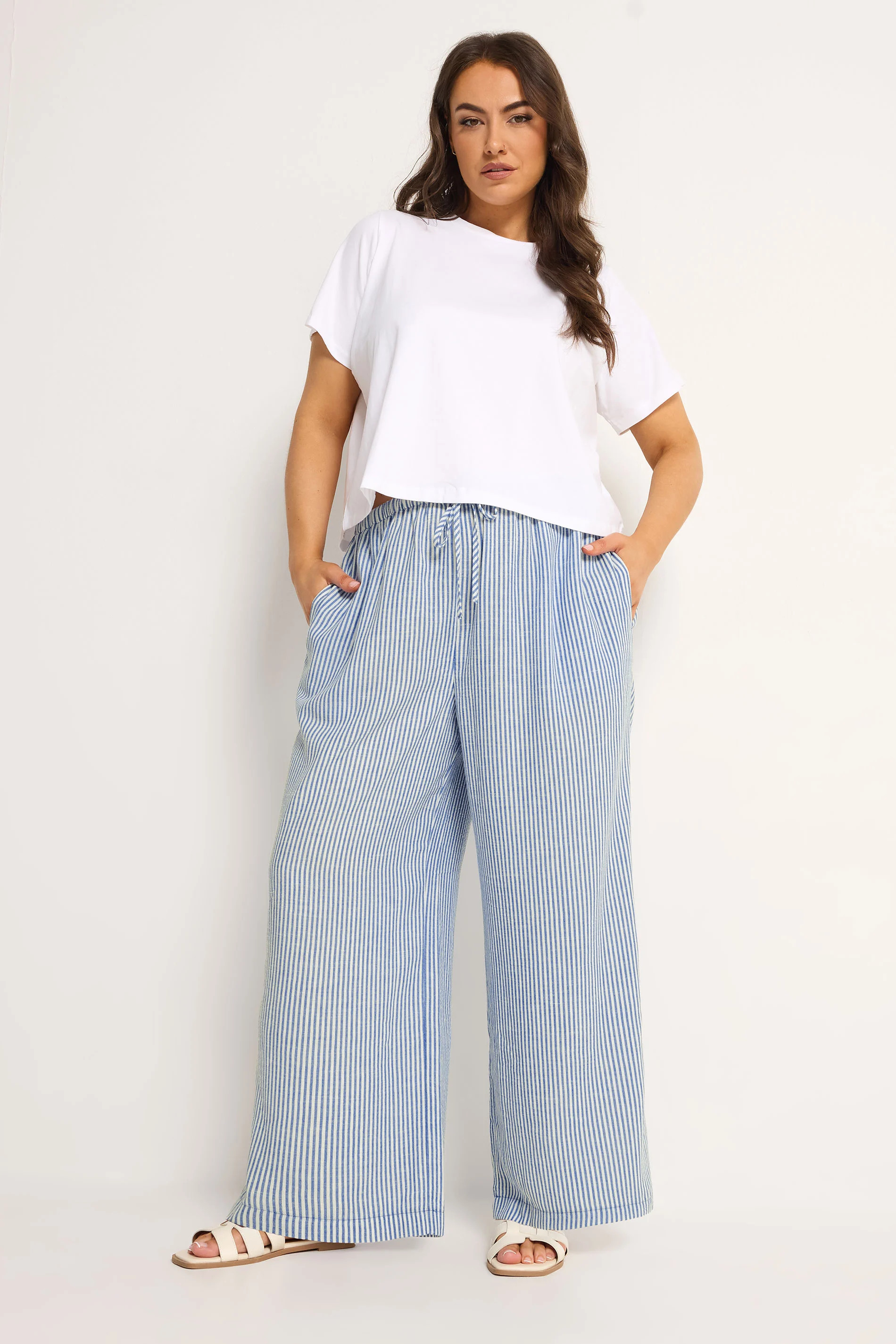 YOURS Plus Size Blue Stripe Linen Look Trousers | Yours Clothing UK
