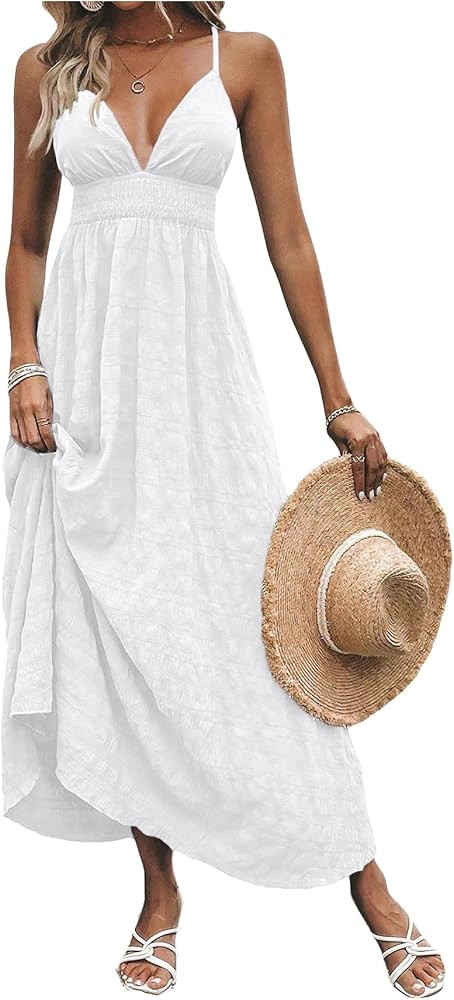 Milumia Women's Summer V Neck Backless Maxi Dress Boho Spaghetti Strap A Line Flowy Beach Long Su... | Amazon (US)