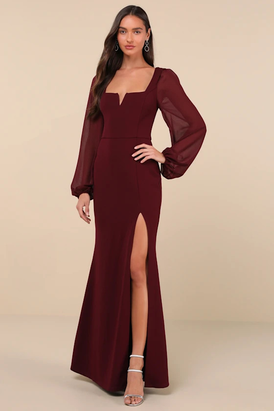 Composed Elegance Burgundy Balloon Sleeve Mermaid Maxi Dress | Lulus