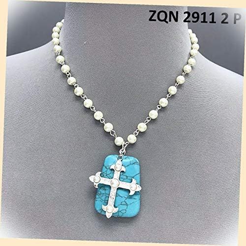 Silver Color Turquoise Stone Rectangle Shape Cross Design Pendant Pearl Necklace Set For Women | Amazon (US)