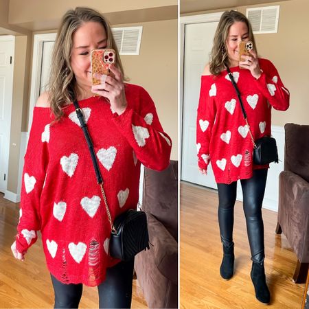 Valentine's Day outfit inspiration from Amazon. Heart sweater with faux leather leggings and ankle boots. (I sized up one size for oversized look) #founditonamazon

#LTKsalealert #LTKunder100 #LTKSeasonal