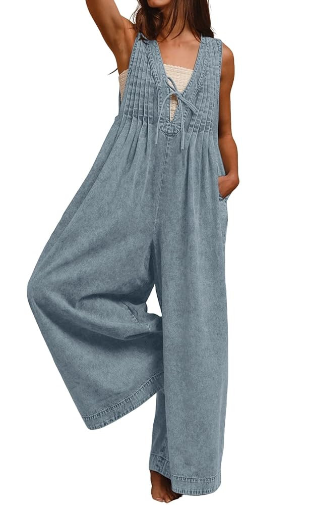 loveimgs Women Flowy Sleeveless Jean Jumpsuit Wide Leg Overalls Baggy Pleated Ruffle Tank Romper ... | Amazon (US)