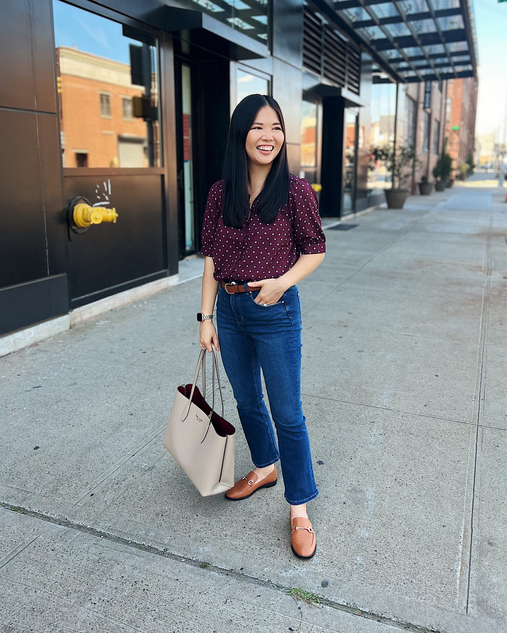 Burgundy short sleeve blouse (XS)
Dark wash jeans (4P)
White tote bag
Brown loafers (TTS)

Ann Taylor outfit
Teacher outfit
Smart casual outfit
Fall work outfit
Fall outfit
Amazon shoes
Sam Edelman loafer dupes
Sam Edelman dupes
High waisted jeans
High waisted crop jeans
High waisted flared jeans
Tory Burch tote bag
Tory Burch Perry tote bag

#LTKstyletip #LTKSeasonal #LTKworkwear