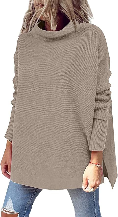 LILLUSORY Women's Mock Turtleneck Sweater Long Batwing Sleeve Split Hem Casual Oversized Knit Pul... | Amazon (US)