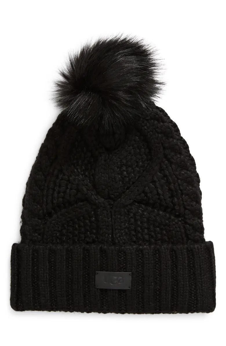 Faux Fur Pompom Cable Knit Beanie | Nordstrom