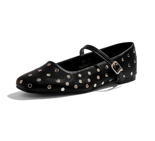 LUCKY STEP Women's Studded Mary Jane Flat Shoes Comfortable Dress Shoes Ankle Strap Round Toe Retro Faux Leather Slip On Flats (Black Studded,11 B(M) US) | Amazon (US)