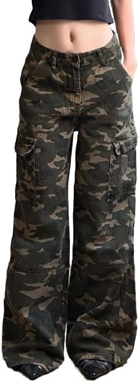 Women Camouflage Cargo Jeans High Waisted Straight Wide Leg Camo Jeans Y2k Flap Pockets Baggy Den... | Amazon (US)
