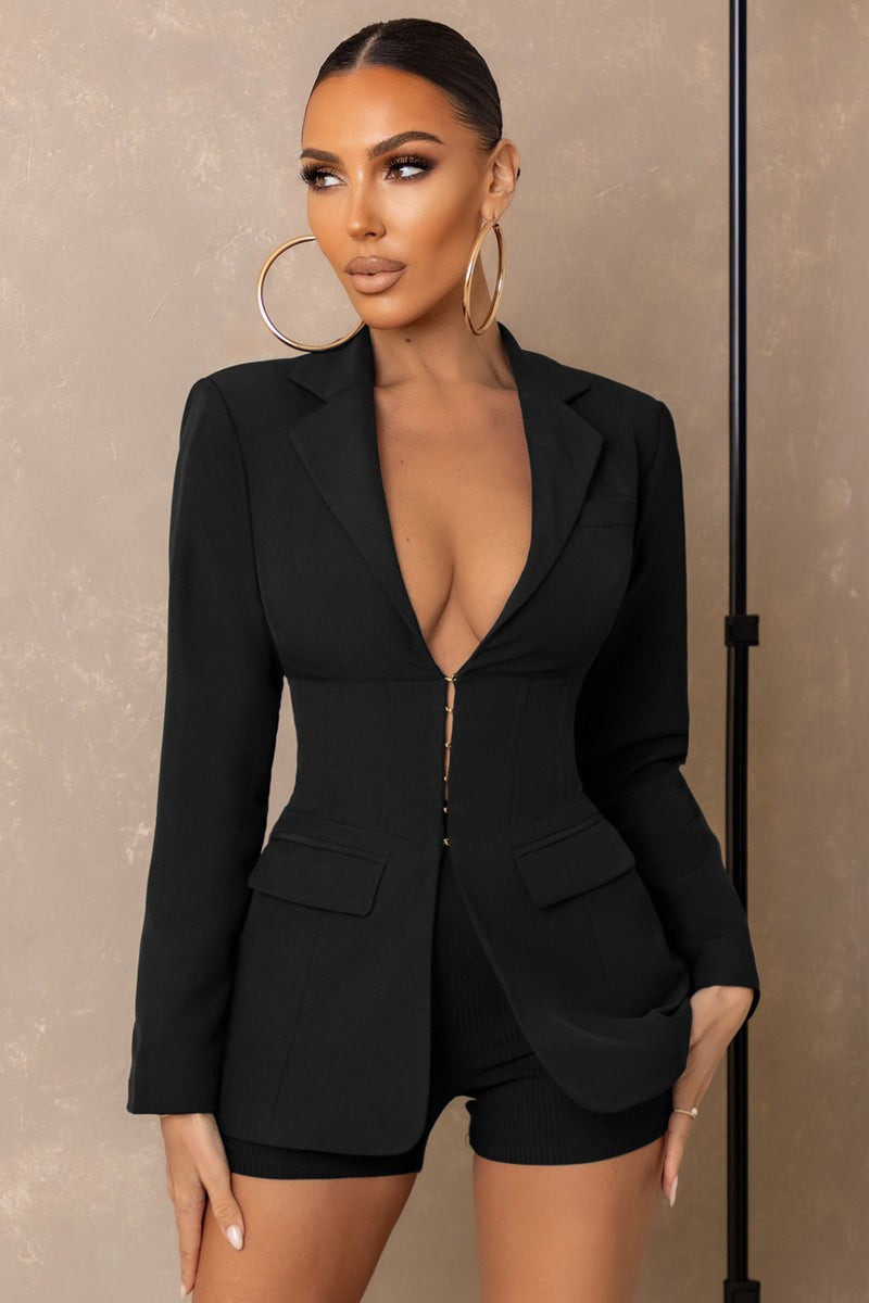 Unbeaten | Black Plunge Corset Waist Blazer | Club L London