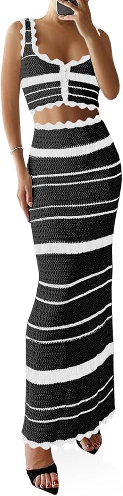 Saodimallsu Womens 2 Piece Sets Summer Striped Crochet Knit Coverup Sleeveless Button Crop Tank T... | Amazon (US)