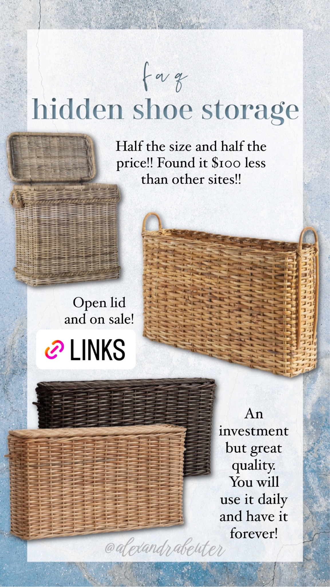  Console baskets for hidden storage! Use them to hide toys, shoes, and more. We’ve used it for narrow shoe storage and absolutely love it because it’s neat and aesthetic with no sign of what’s inside!

Pottery barn // Wayfair // home decor :/ furniture // family home 

#LTKstyletip #LTKhome #LTKover40