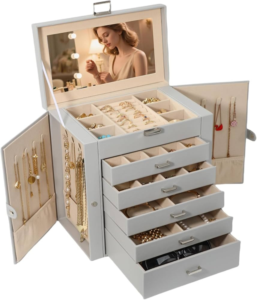 BOOVO Jewelry Box For women, 6 Layer Large Jewelry Organizer With Mirror, Multi-Function Storage ... | Amazon (US)