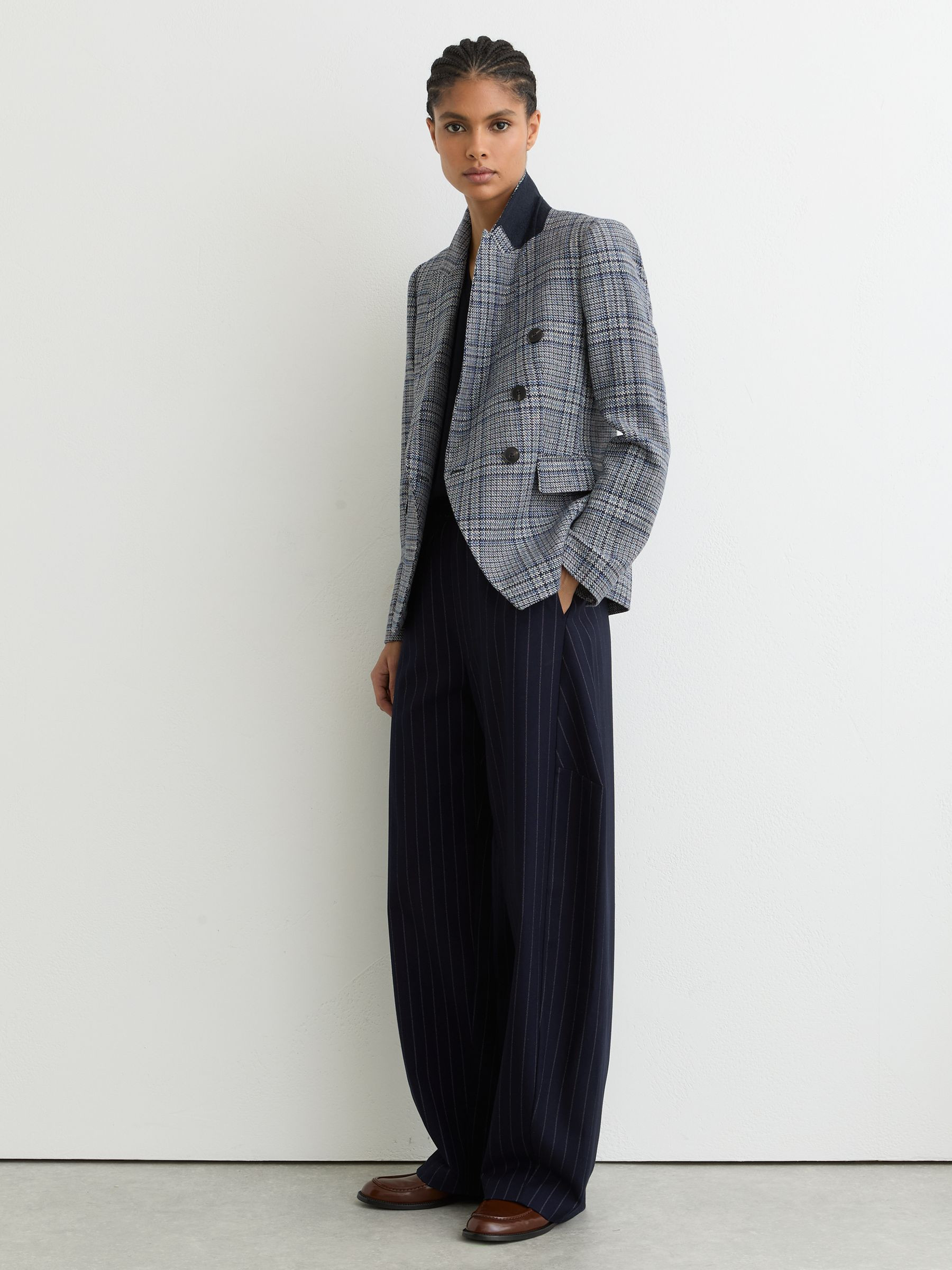 Reiss Petite Double-Breasted Check Blazer Cotton-Linen in Navy Check - REISS | Reiss UK