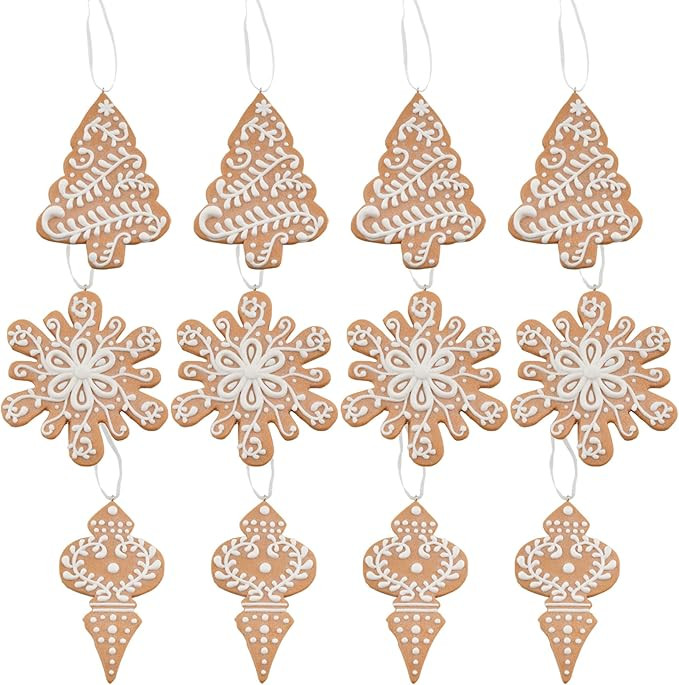 AuldHome Gingerbread Cookie Christmas Ornaments (Set of 12); Large Tree, Snowflake and Finial Sha... | Amazon (US)