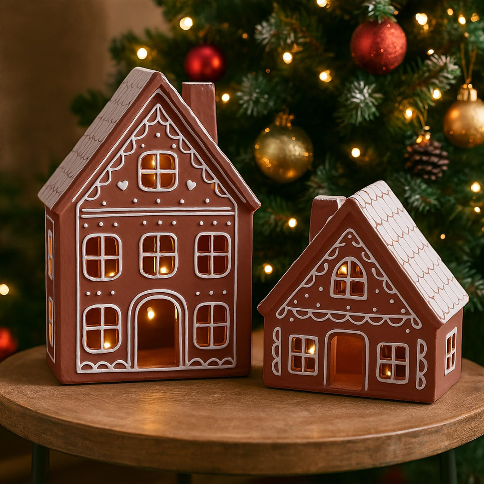 2 Sets Lighted Ceramic Iced Gingerbread Houses Christmas Decorations Indoor Pre Lit LED Gingerbre... | Amazon (US)