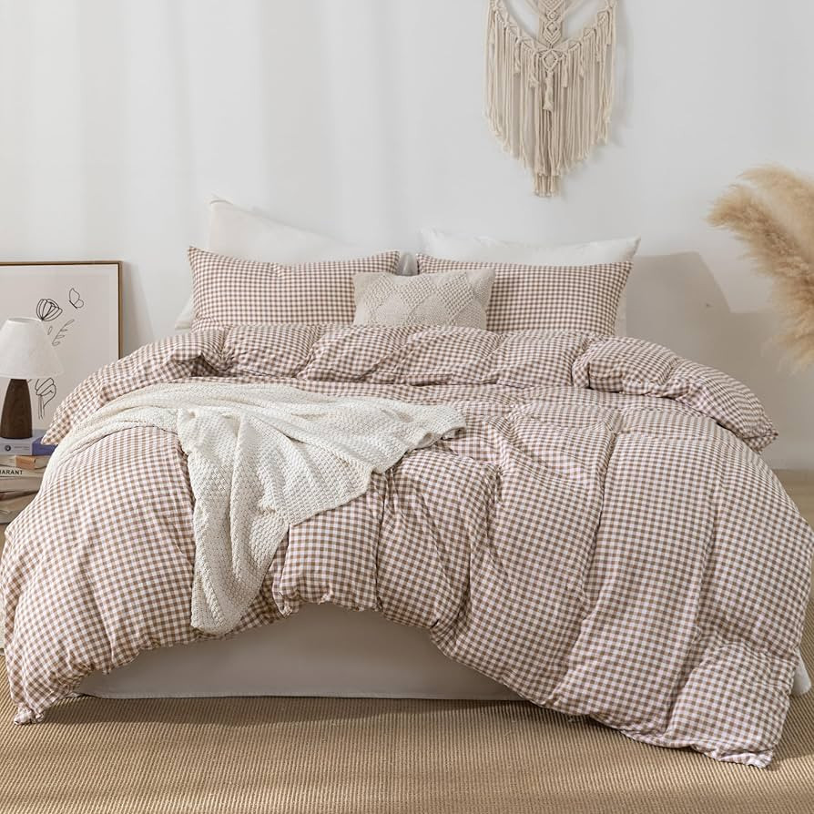 Tan Gingham Duvet Cover Bedding Set Prewashed Extra Soft Comfy Breathable 3 Piece Brown Plaid Che... | Amazon (US)