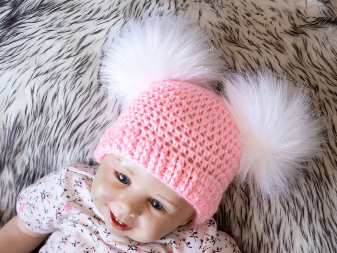 Pink Baby girl double pom pom beanie, Fur pom pom hat, Newborn girl hat, Preemie girl hat, Baby g... | Etsy (US)