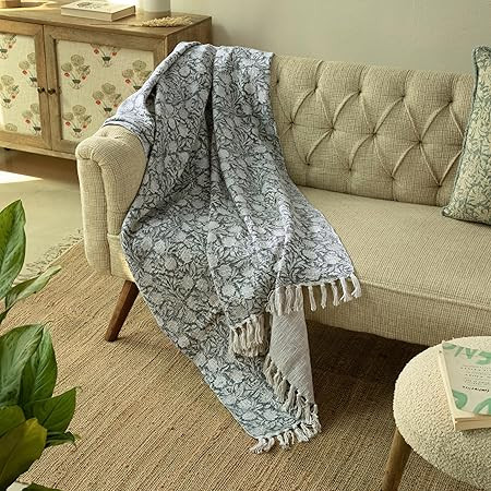 100% Pure Cotton Handblock Printed Throw Blanket, Soft 50" x 60" Fringed Floral Print Throw for C... | Amazon (US)