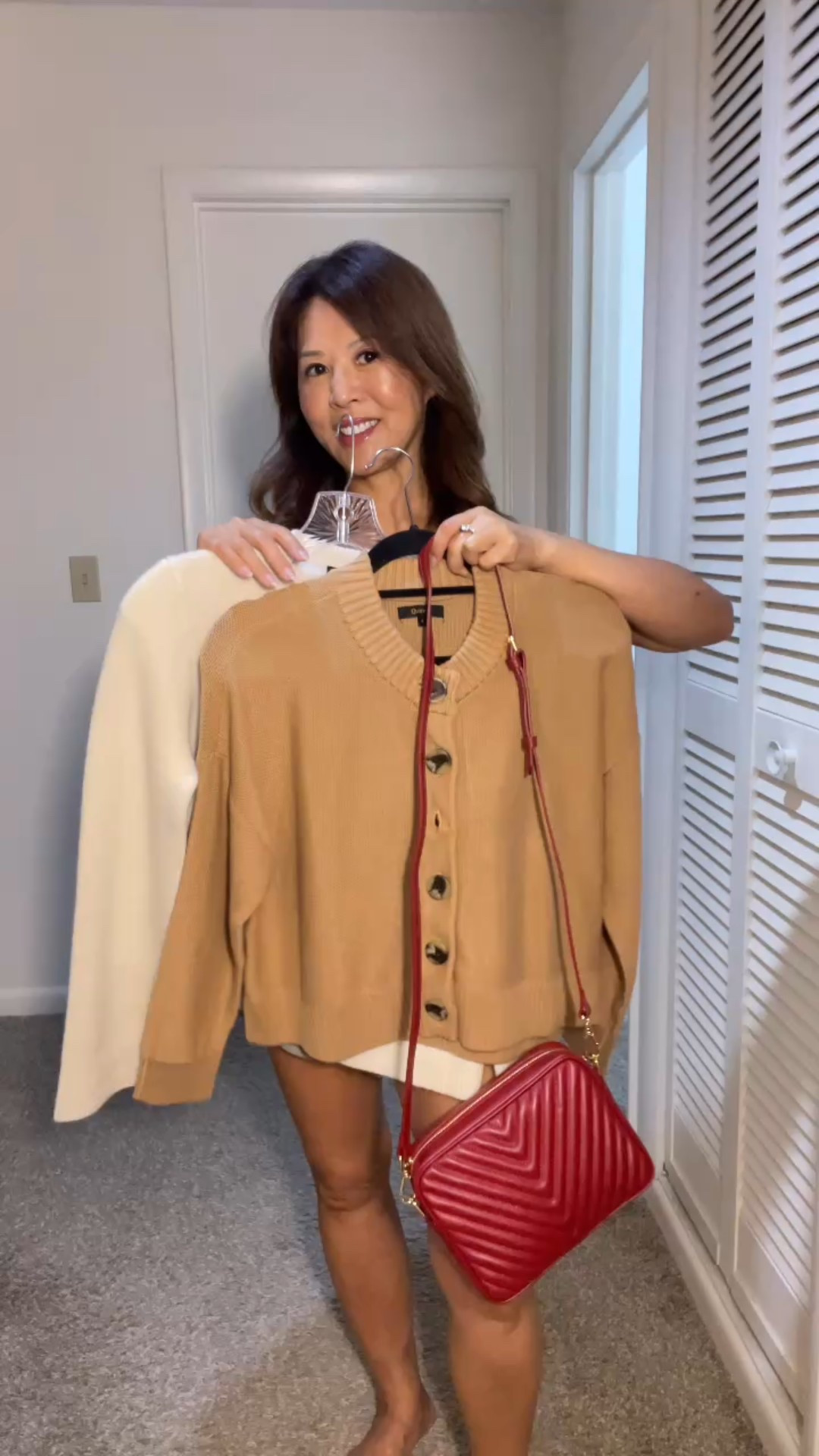 Quince button down cardigan in camel | cashmere cardigan , sweater in ivory | Italian leather crossbody bag in burgundy | Amazon skirt | sandals |  I’m wearing size small for your reference

#LTKStyleTip #LTKShoeCrush #LTKItBag
