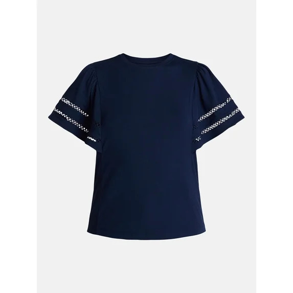Time and Tru Women’s Crewneck Top with Lace Inset Flounce Sleeves, Sizes XS-XXXL | Walmart (US)