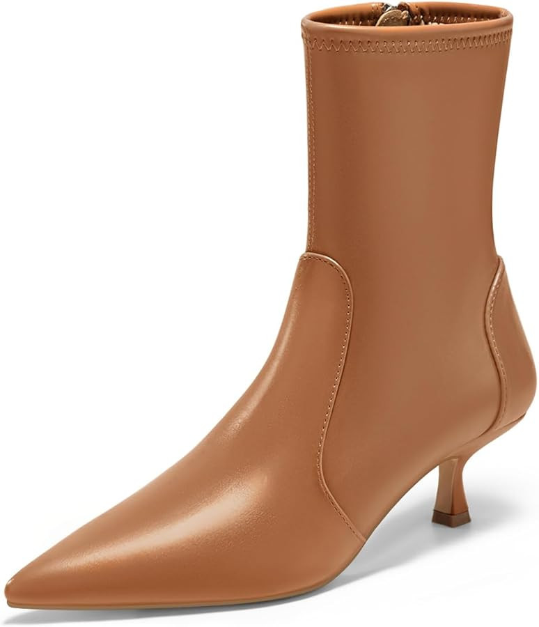 Coutgo Womens Low Kitten Heel Ankle Boots Pointed Toe Booties Side Zipper Fall Shoes | Amazon (US)