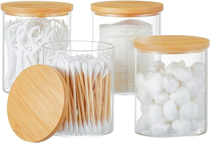4 Pack Glass Qtip Holder Dispenser Glass Apothecary Jars with Lids Cotton Ball Swab Pad Holder Ba... | Amazon (US)