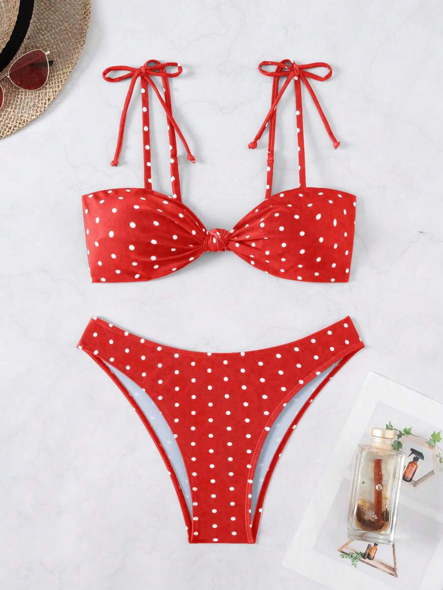 Swim Basics 2pcs Women's Black & White Polka Dot Print Front Twist Knot Bikini Set, Casual Resort... | SHEIN